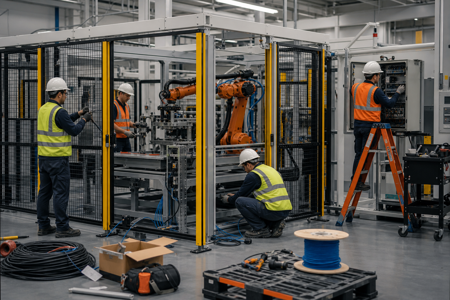 Field team installing a modern robotic automation cell before power-on