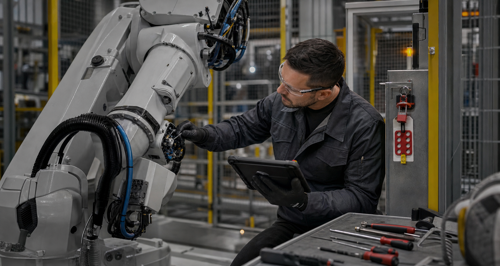 Maintenance technician servicing a modern industrial robot with diagnostic equipment